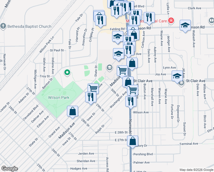 map of restaurants, bars, coffee shops, grocery stores, and more near 2960 Grand Avenue in Granite City