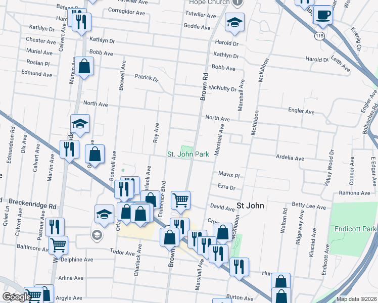 map of restaurants, bars, coffee shops, grocery stores, and more near 3515 Brown Road in St. Louis