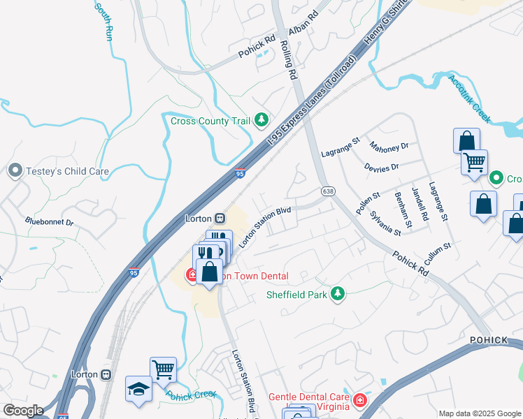 map of restaurants, bars, coffee shops, grocery stores, and more near 8940 Milford Haven Court in Lorton