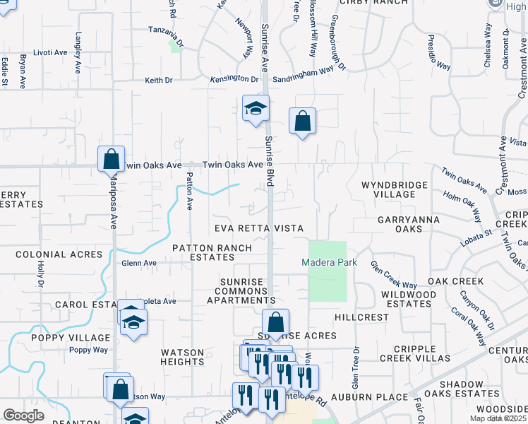map of restaurants, bars, coffee shops, grocery stores, and more near 8239 Sunrise Boulevard in Citrus Heights