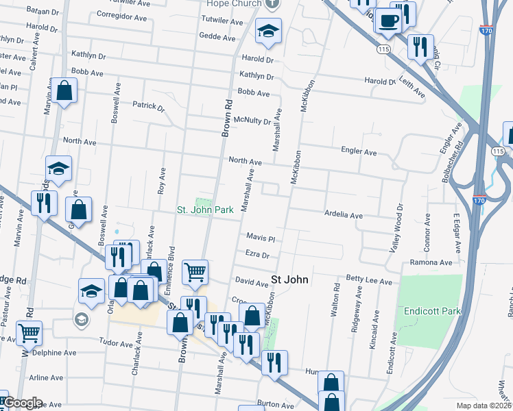 map of restaurants, bars, coffee shops, grocery stores, and more near 3528 Marshall Avenue in St. Louis