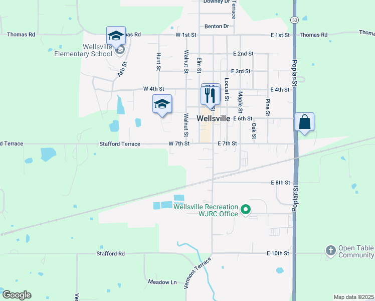 map of restaurants, bars, coffee shops, grocery stores, and more near 216 West 7th Street in Wellsville