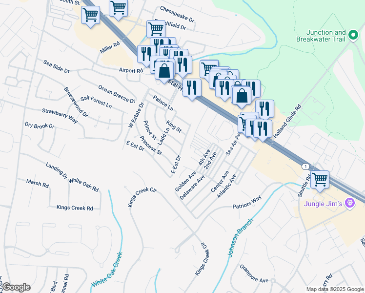 map of restaurants, bars, coffee shops, grocery stores, and more near 36478 East Estate Drive in Rehoboth Beach