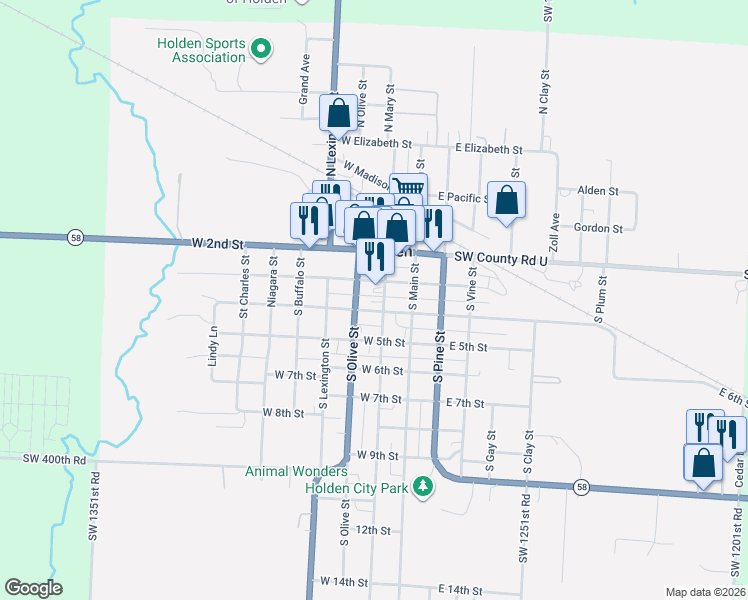 map of restaurants, bars, coffee shops, grocery stores, and more near 304 South Market Street in Holden