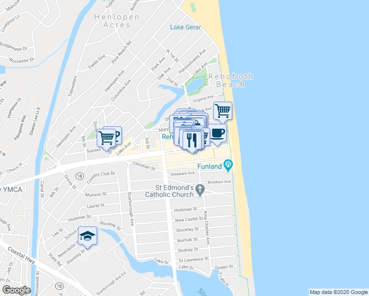 map of restaurants, bars, coffee shops, grocery stores, and more near 115 Rehoboth Avenue in Rehoboth Beach