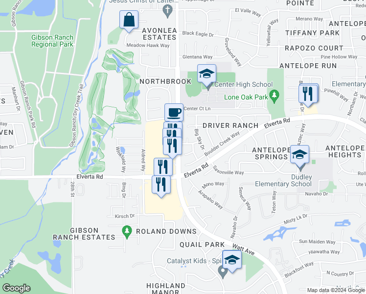map of restaurants, bars, coffee shops, grocery stores, and more near 3100 Black Saddle Drive in Antelope