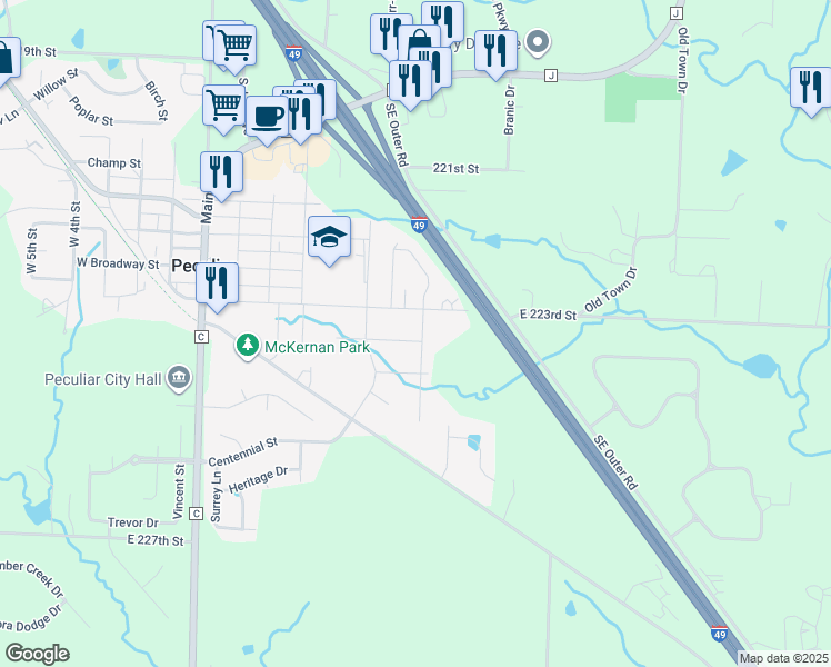 map of restaurants, bars, coffee shops, grocery stores, and more near 611 Arena Drive in Peculiar