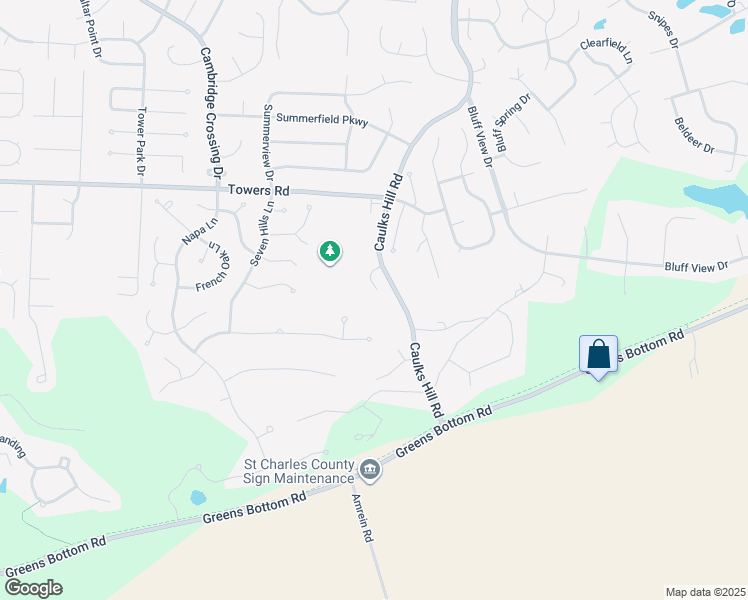 map of restaurants, bars, coffee shops, grocery stores, and more near 5 Big Bluff Court in Saint Charles