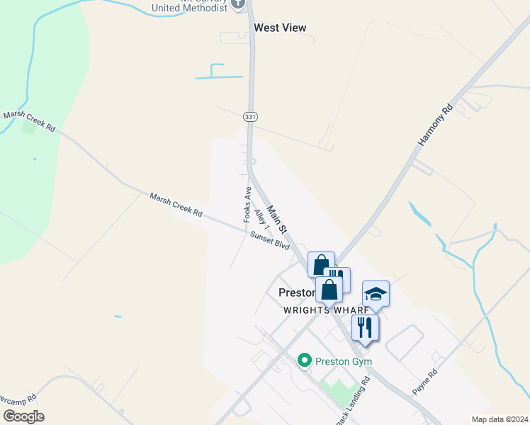 map of restaurants, bars, coffee shops, grocery stores, and more near 126 Main Street in Preston