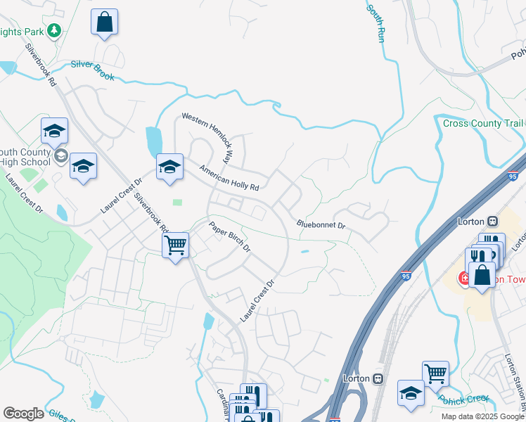 map of restaurants, bars, coffee shops, grocery stores, and more near 8911 Singleleaf Circle in Lorton