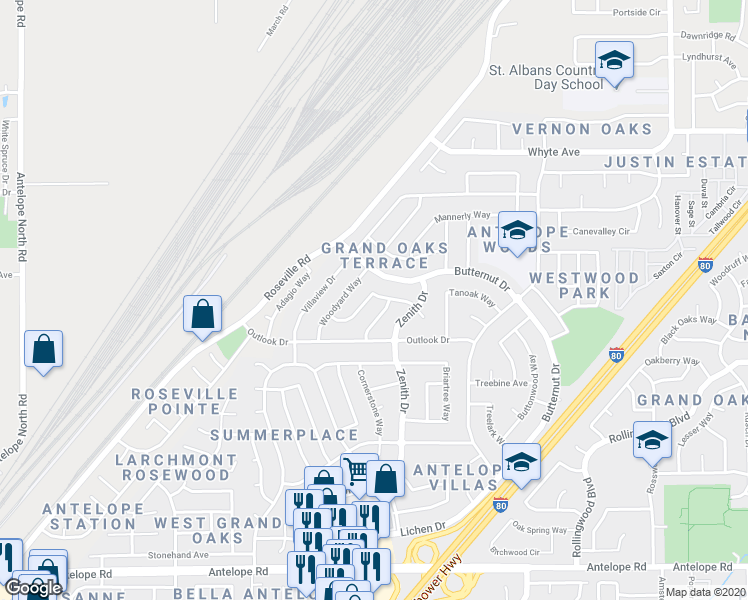 map of restaurants, bars, coffee shops, grocery stores, and more near 6564 Viscount Way in Citrus Heights