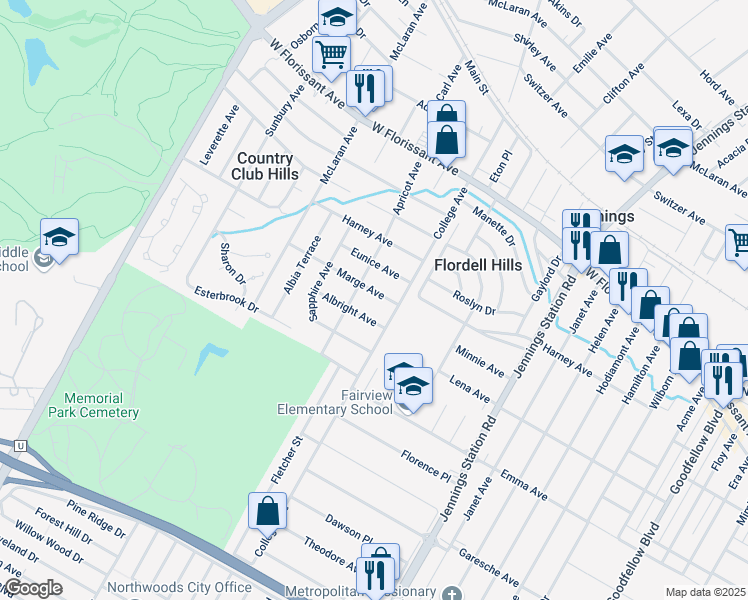 map of restaurants, bars, coffee shops, grocery stores, and more near 7212 Marge Avenue in Jennings