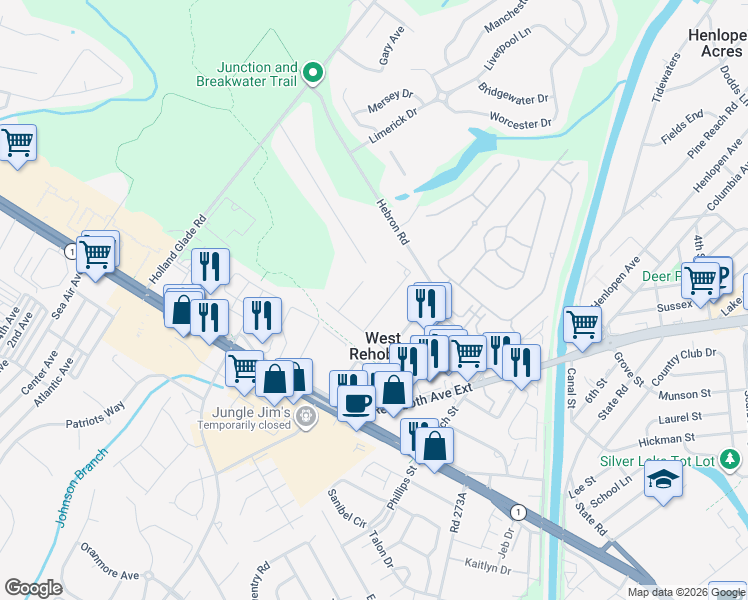 map of restaurants, bars, coffee shops, grocery stores, and more near 19756 Norwood Street in Rehoboth Beach