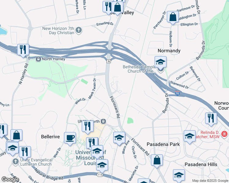 map of restaurants, bars, coffee shops, grocery stores, and more near 8211 Florissant Road in St. Louis