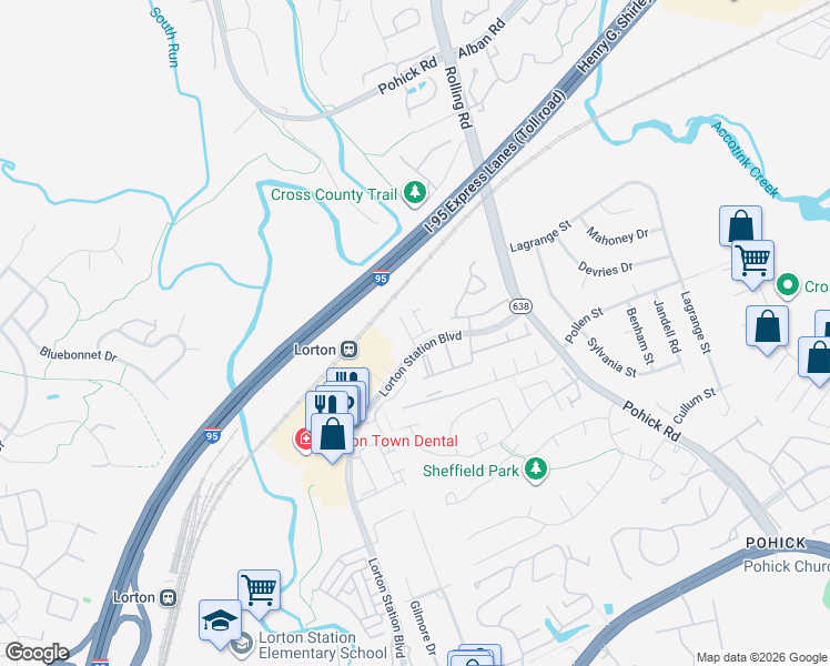map of restaurants, bars, coffee shops, grocery stores, and more near 8940 Milford Haven Court in Lorton