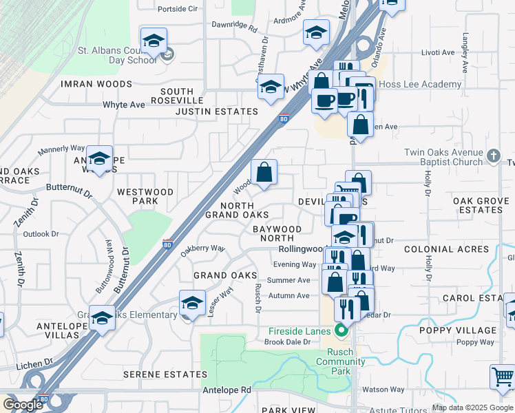 map of restaurants, bars, coffee shops, grocery stores, and more near 7351 Sandalwood Drive in Citrus Heights