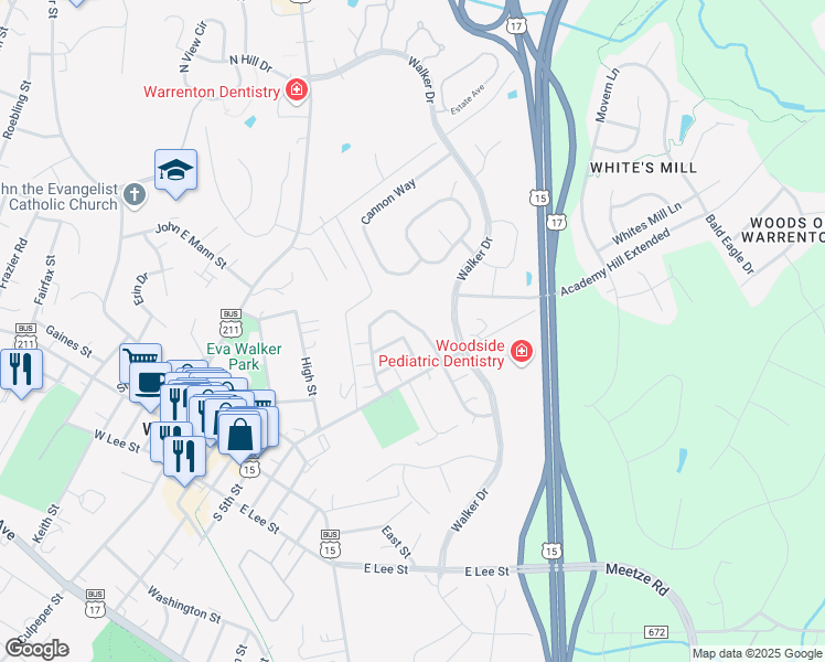 map of restaurants, bars, coffee shops, grocery stores, and more near 291 Amber Circle in Warrenton