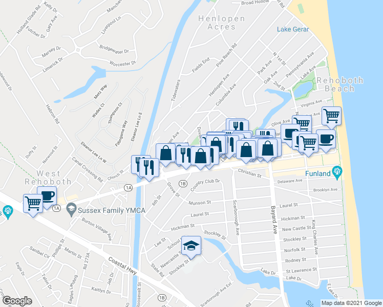 map of restaurants, bars, coffee shops, grocery stores, and more near 8 5th Street in Rehoboth Beach