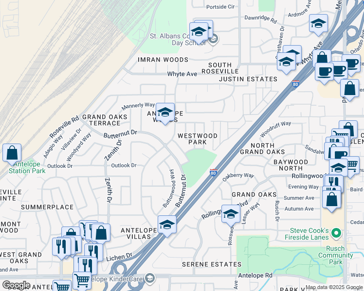 map of restaurants, bars, coffee shops, grocery stores, and more near 8242 Treeleaf Way in Citrus Heights