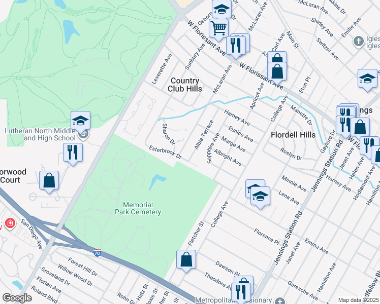 map of restaurants, bars, coffee shops, grocery stores, and more near 5513 Albia Terrace in St Louis