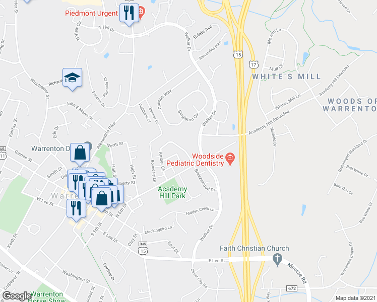 map of restaurants, bars, coffee shops, grocery stores, and more near 308 Amber Circle in Warrenton