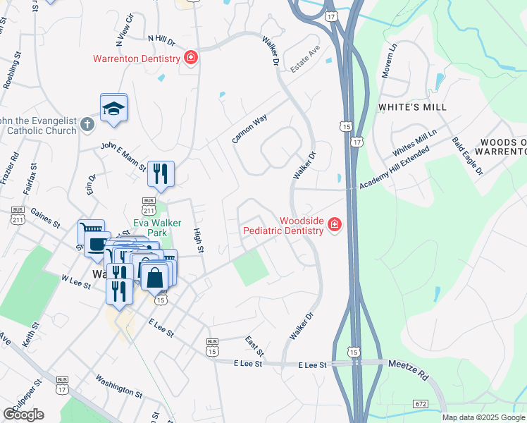 map of restaurants, bars, coffee shops, grocery stores, and more near 283 Amber Circle in Warrenton