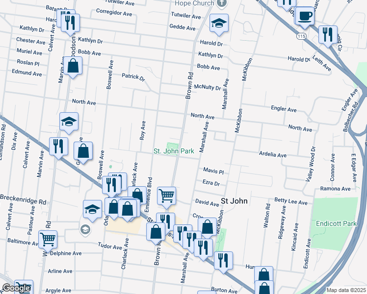 map of restaurants, bars, coffee shops, grocery stores, and more near 3520 Brown Road in St. Louis