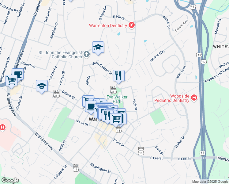 map of restaurants, bars, coffee shops, grocery stores, and more near 123 Alexandria Pike in Warrenton