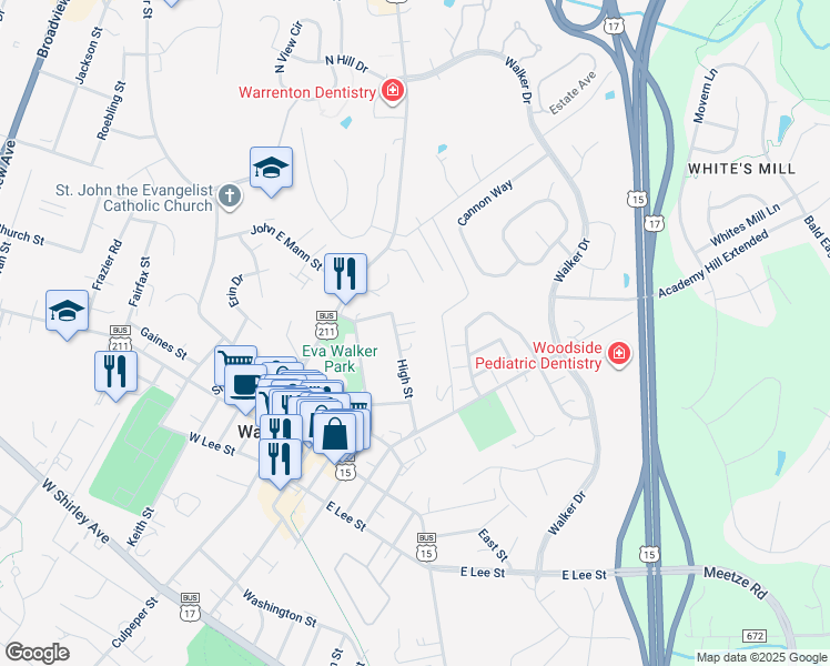 map of restaurants, bars, coffee shops, grocery stores, and more near 183 High Street in Warrenton