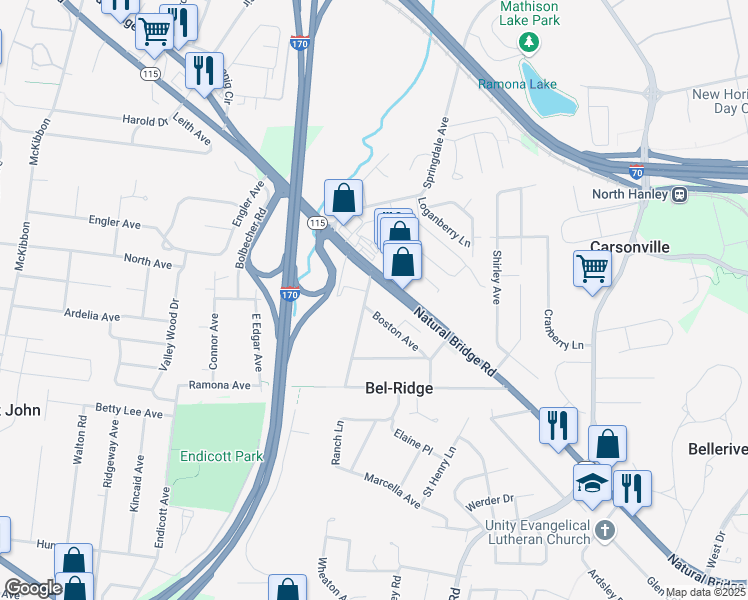 map of restaurants, bars, coffee shops, grocery stores, and more near 8980 Natural Bridge Road in St. Louis