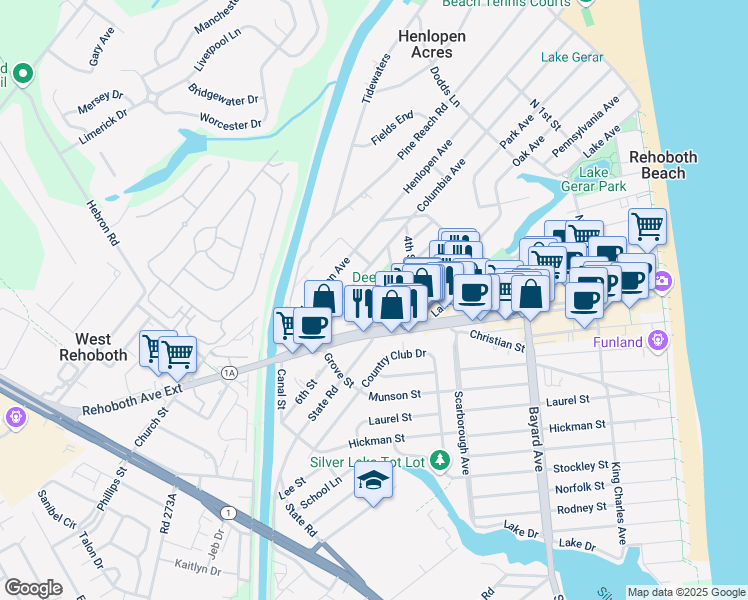 map of restaurants, bars, coffee shops, grocery stores, and more near 8 5th Street in Rehoboth Beach