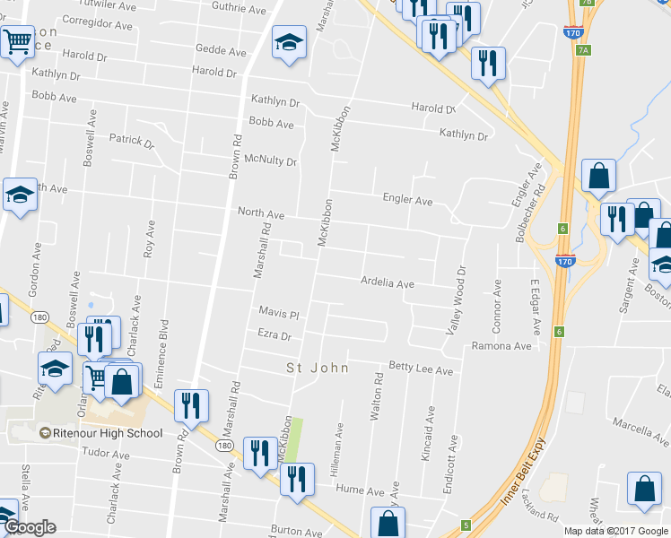 map of restaurants, bars, coffee shops, grocery stores, and more near 8661 Ardelia Avenue in St. Louis