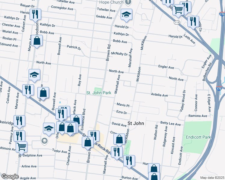 map of restaurants, bars, coffee shops, grocery stores, and more near 3520 Brown Road in St. Louis