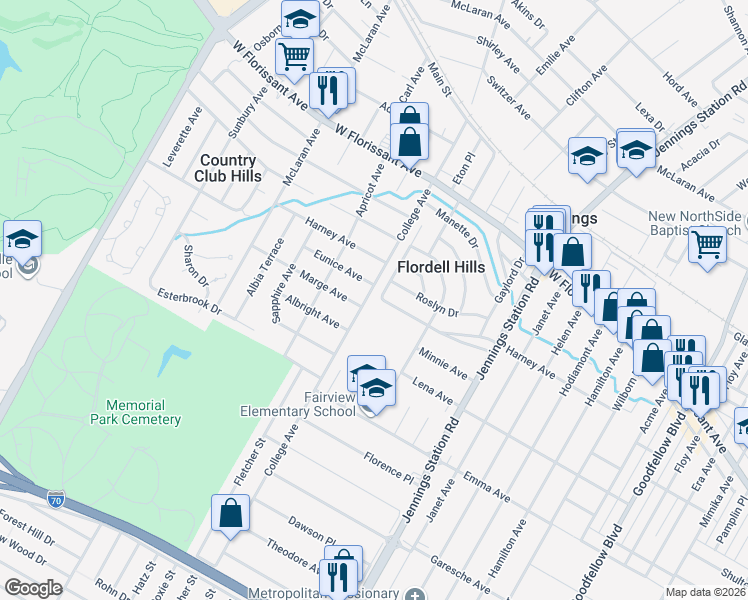 map of restaurants, bars, coffee shops, grocery stores, and more near 5601 Beldon Drive in St. Louis