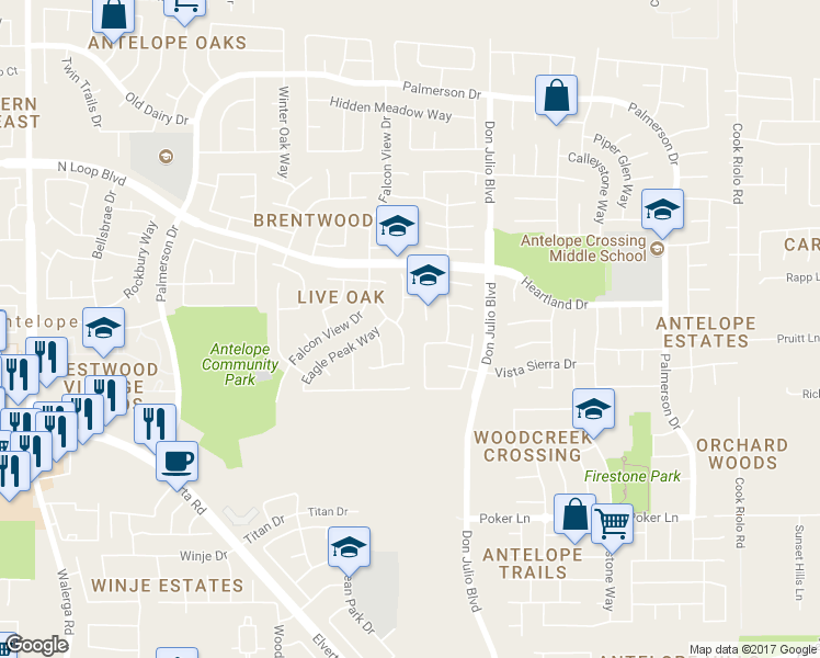 map of restaurants, bars, coffee shops, grocery stores, and more near 8100 Ackerson Way in Antelope