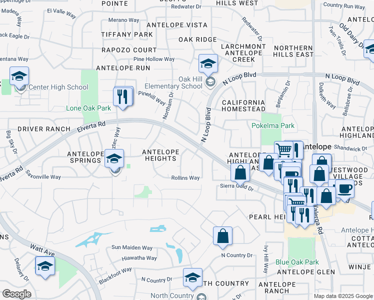 map of restaurants, bars, coffee shops, grocery stores, and more near 3965 Rollins Way in Antelope