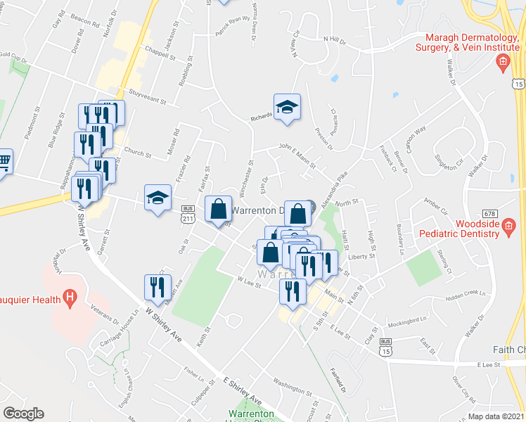 map of restaurants, bars, coffee shops, grocery stores, and more near 111 Winchester Street in Warrenton