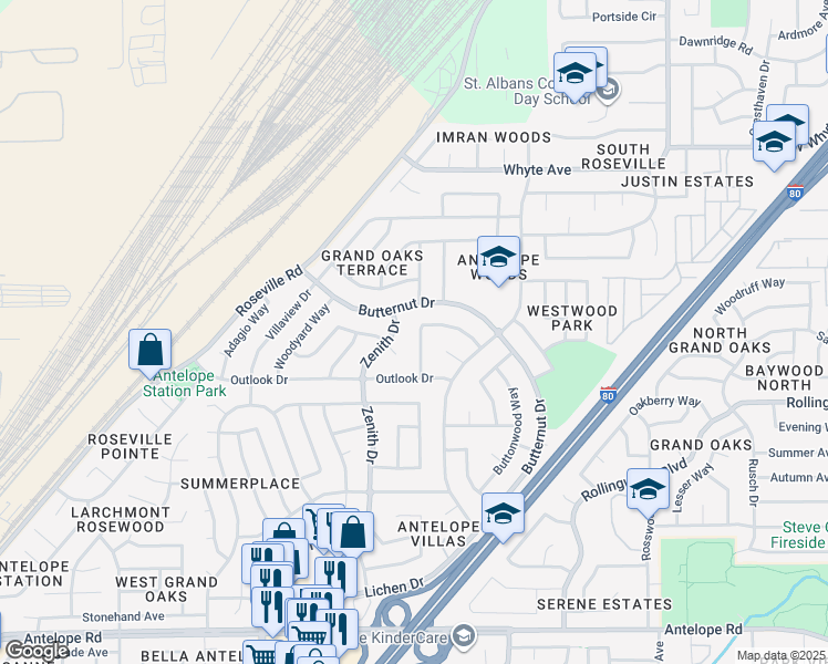 map of restaurants, bars, coffee shops, grocery stores, and more near 8229 Tanoak Way in Citrus Heights