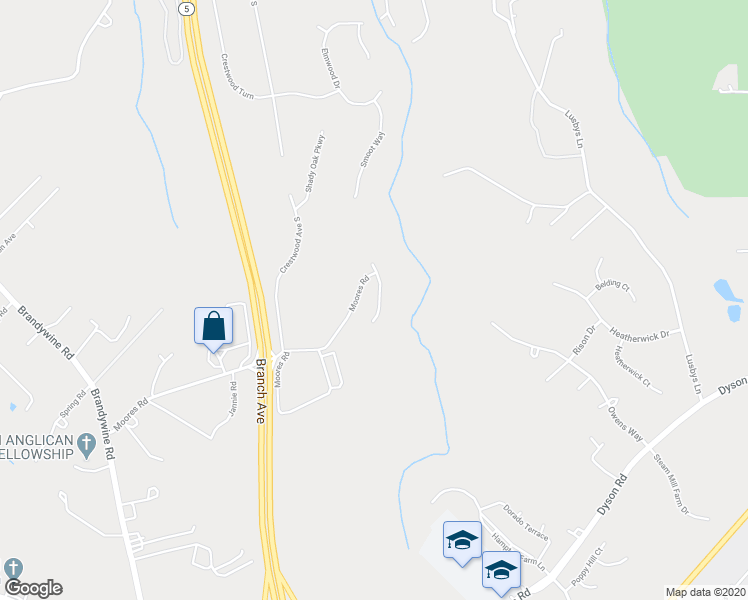 map of restaurants, bars, coffee shops, grocery stores, and more near 12611 New Relief Terrace in Brandywine