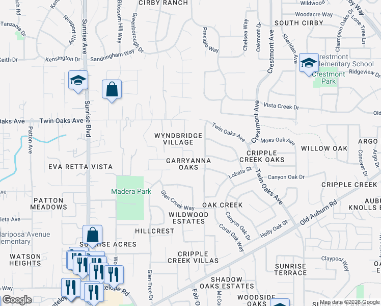 map of restaurants, bars, coffee shops, grocery stores, and more near 8223 Peregrine Way in Citrus Heights
