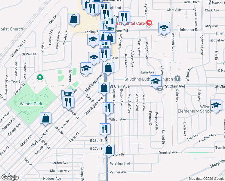 map of restaurants, bars, coffee shops, grocery stores, and more near 3023 Myrtle Avenue in Granite City