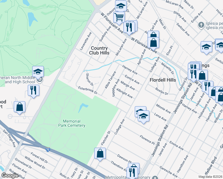 map of restaurants, bars, coffee shops, grocery stores, and more near 5529 Sapphire Avenue in Jennings