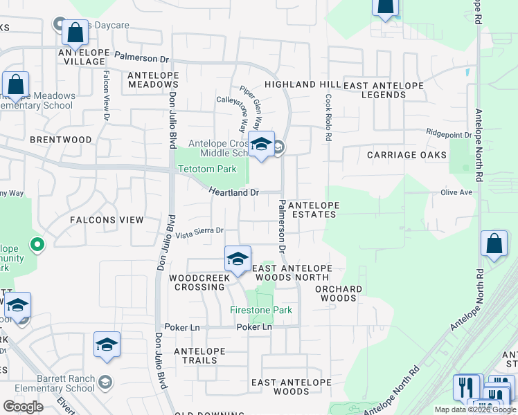 map of restaurants, bars, coffee shops, grocery stores, and more near 8109 Legacy Court in Antelope