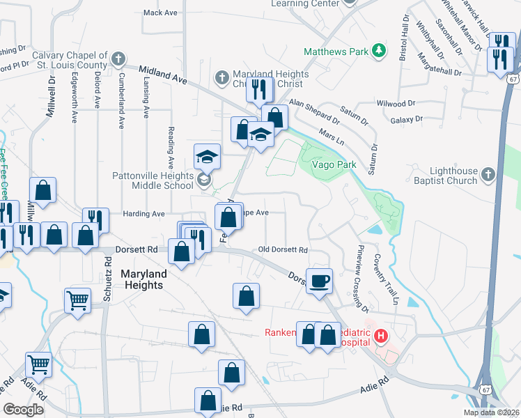 map of restaurants, bars, coffee shops, grocery stores, and more near 193 Grape Avenue in Maryland Heights