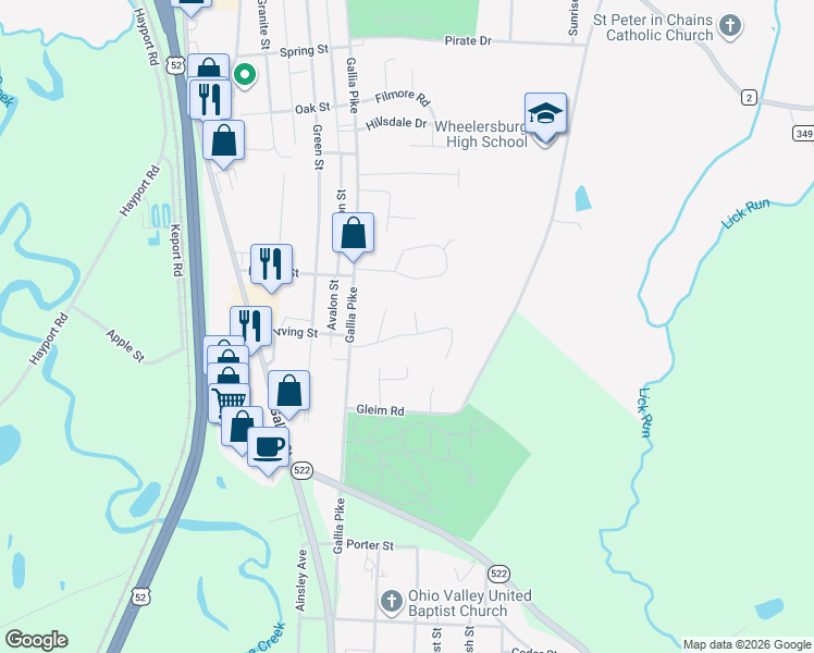map of restaurants, bars, coffee shops, grocery stores, and more near 125 Shady Brook Lane in Wheelersburg