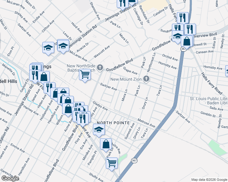 map of restaurants, bars, coffee shops, grocery stores, and more near 1810 Switzer Avenue in St. Louis