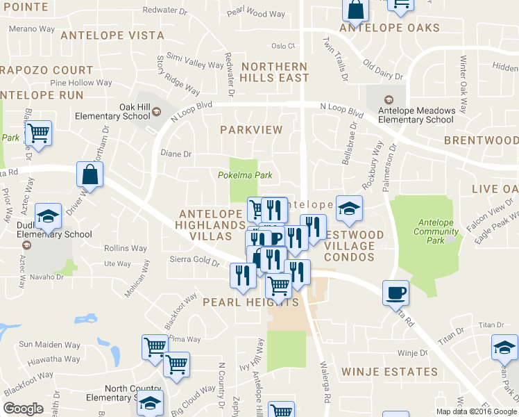 map of restaurants, bars, coffee shops, grocery stores, and more near 8234 Deer Spring Circle in Antelope