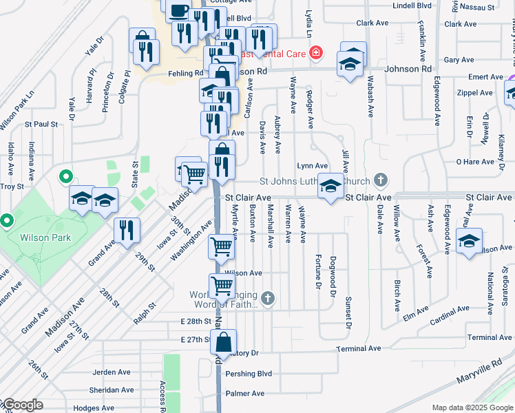 map of restaurants, bars, coffee shops, grocery stores, and more near 3036 Buxton Avenue in Granite City