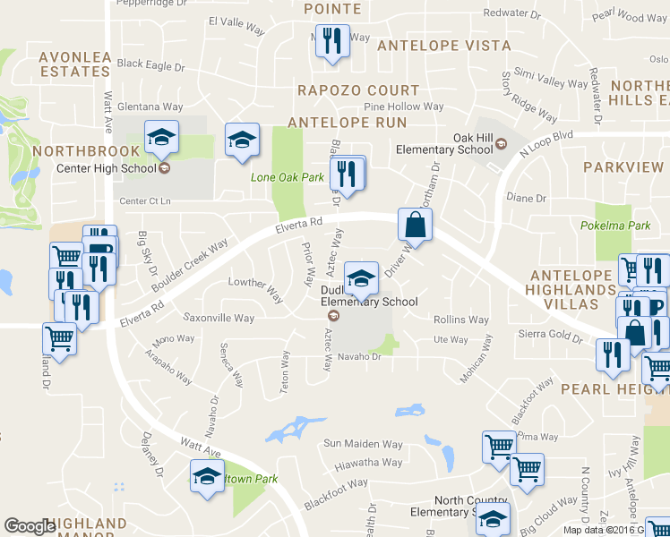 map of restaurants, bars, coffee shops, grocery stores, and more near 8106 Aztec Way in Antelope