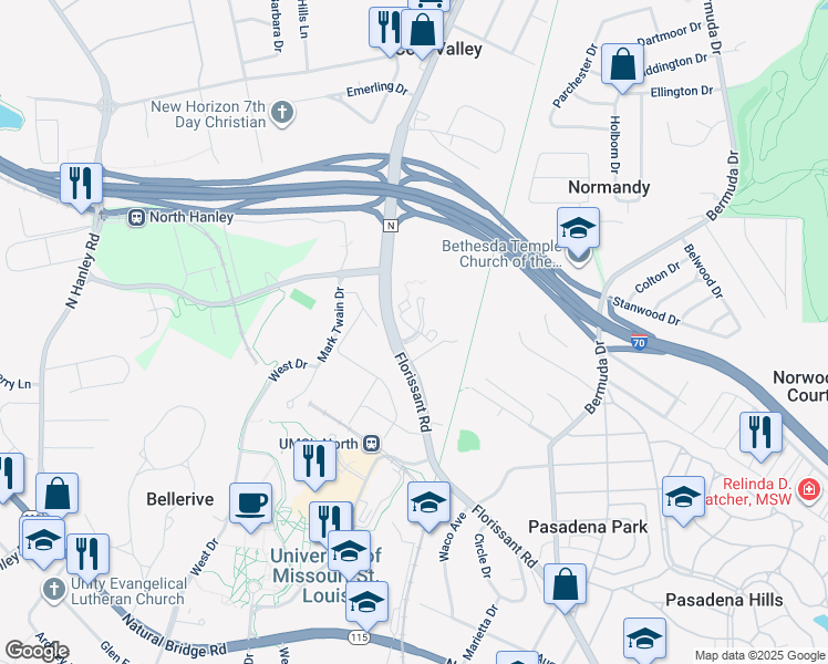map of restaurants, bars, coffee shops, grocery stores, and more near 8211 Florissant Road in St. Louis